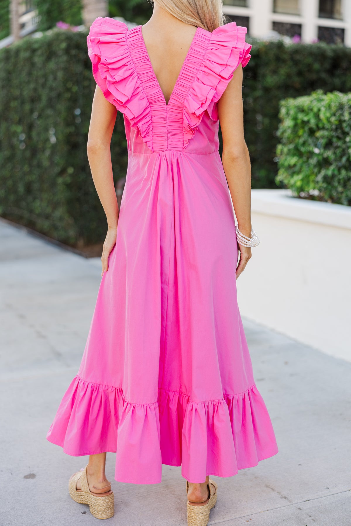 open lace back dress The Creative Pink Ruffled Midi Dress – Shop the Mint