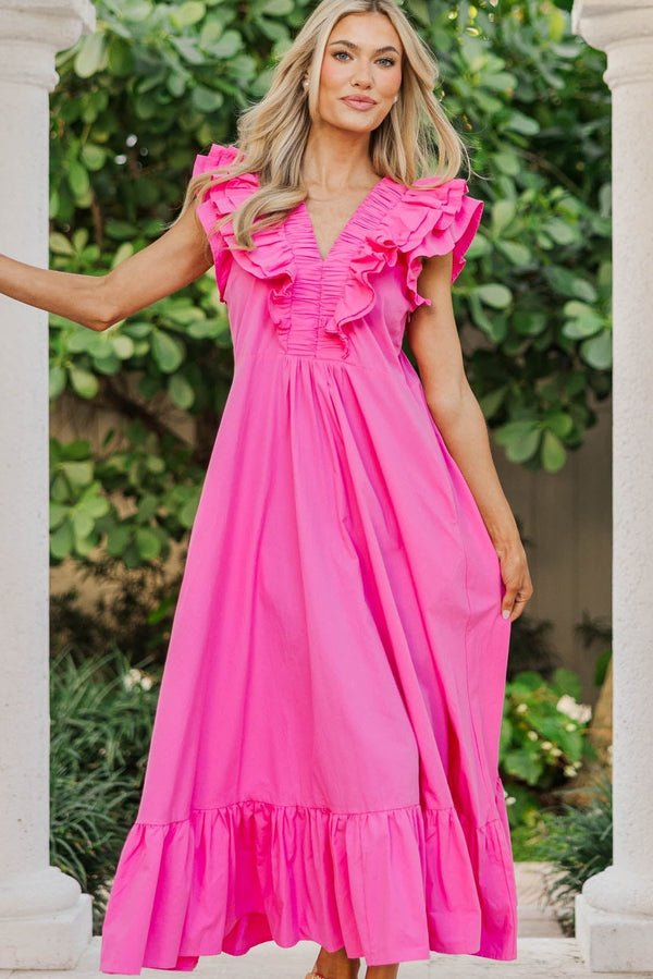 The Creative Pink Ruffled Midi Dress