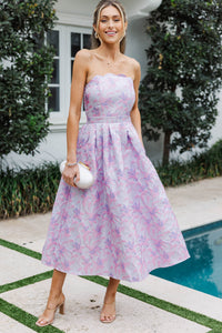It Was All A Dream Lavender Floral Brocade Strapless Midi Dress