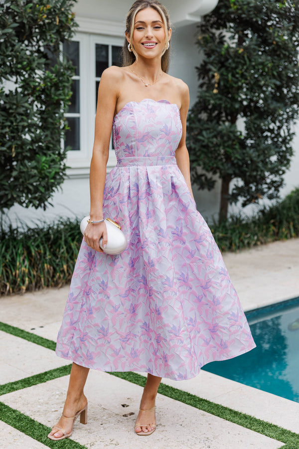 It Was All A Dream Lavender Floral Brocade Strapless Midi Dress