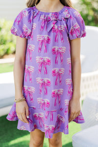 Girls: The Dani Purple Bow Print Dress