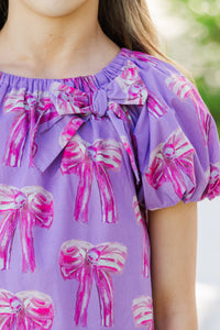 Girls: The Dani Purple Bow Print Dress