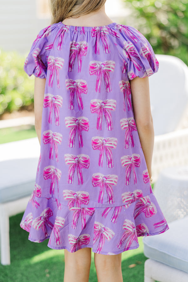 Girls: The Dani Purple Bow Print Dress