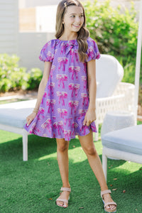 Girls: The Dani Purple Bow Print Dress