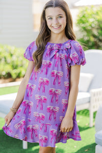 Girls: The Dani Purple Bow Print Dress