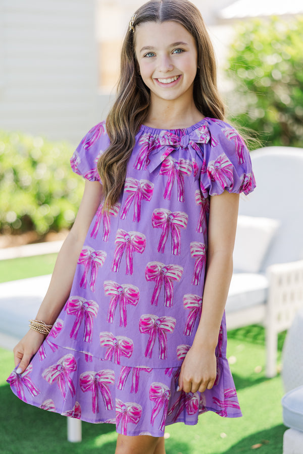 Girls: The Dani Purple Bow Print Dress