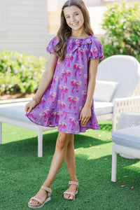 Girls: The Dani Purple Bow Print Dress
