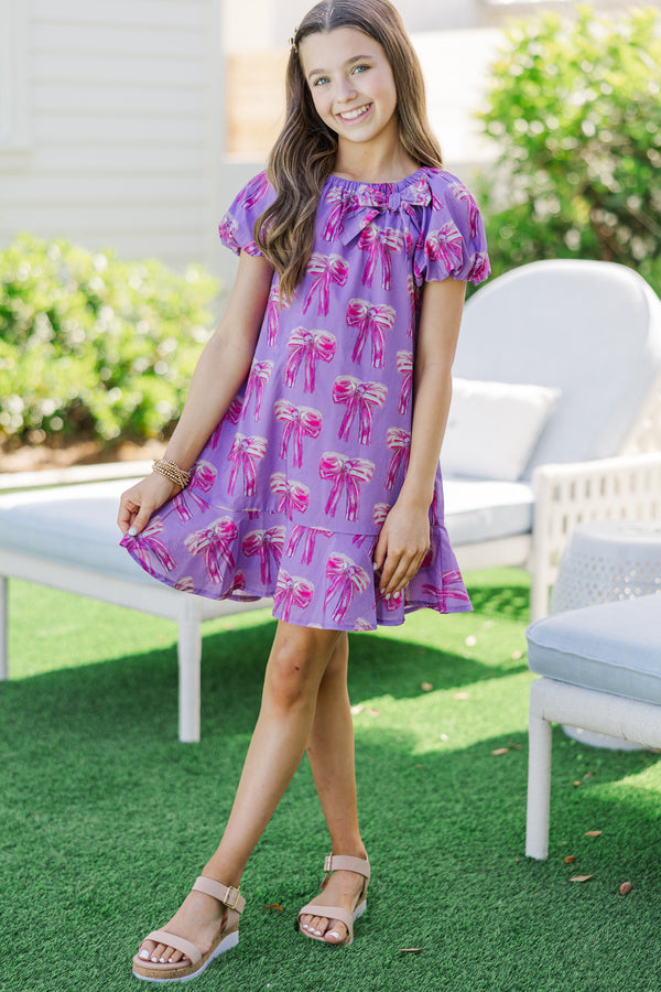 Girls: The Dani Purple Bow Print Dress