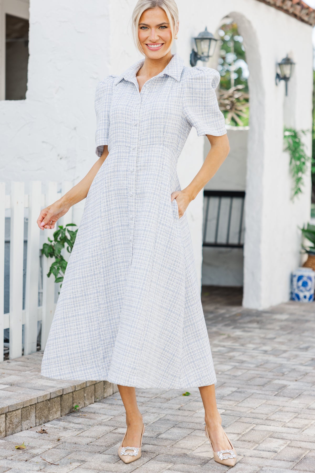 Take It As It Is Light Blue Tweed Midi Dress – Shop the Mint