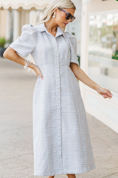 Take It As It Is Light Blue Tweed Midi Dress – Shop the Mint