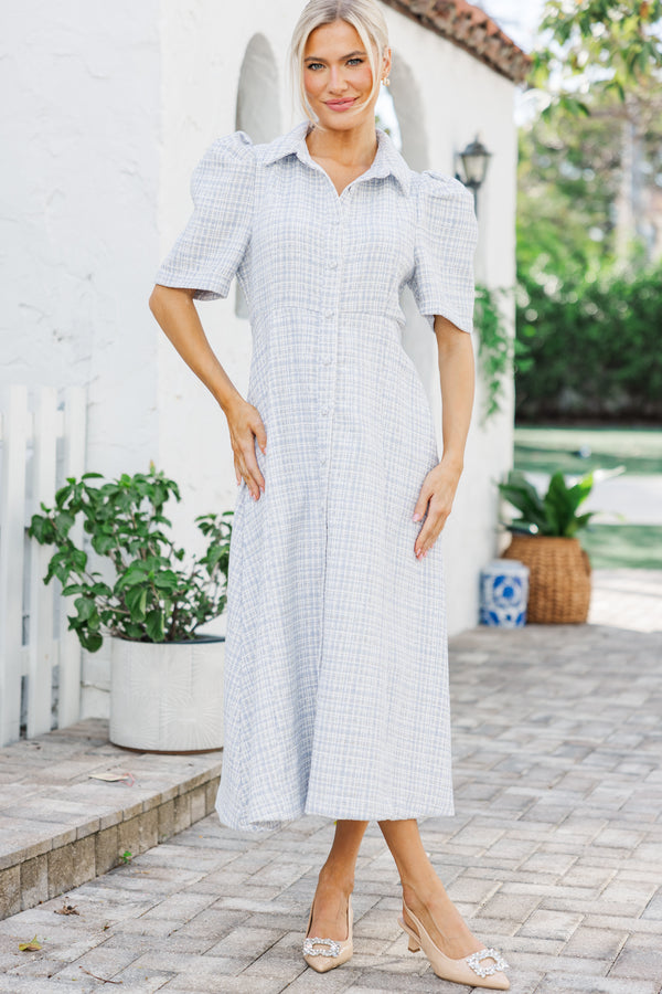 Take It As It Is Light Blue Tweed Midi Dress – Shop the Mint