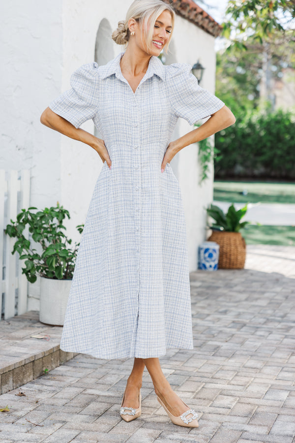 Take It As It Is Light Blue Tweed Midi Dress Shop the Mint Take It As It Is Light Blue Tweed Midi Dress Shop the Mint