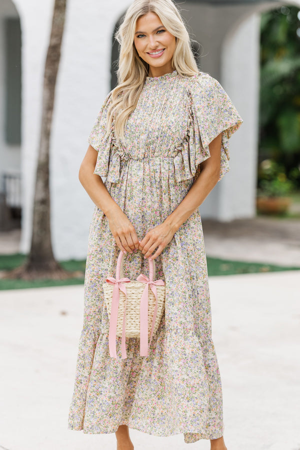 All The Good Sage Green Ruffled Midi Dress