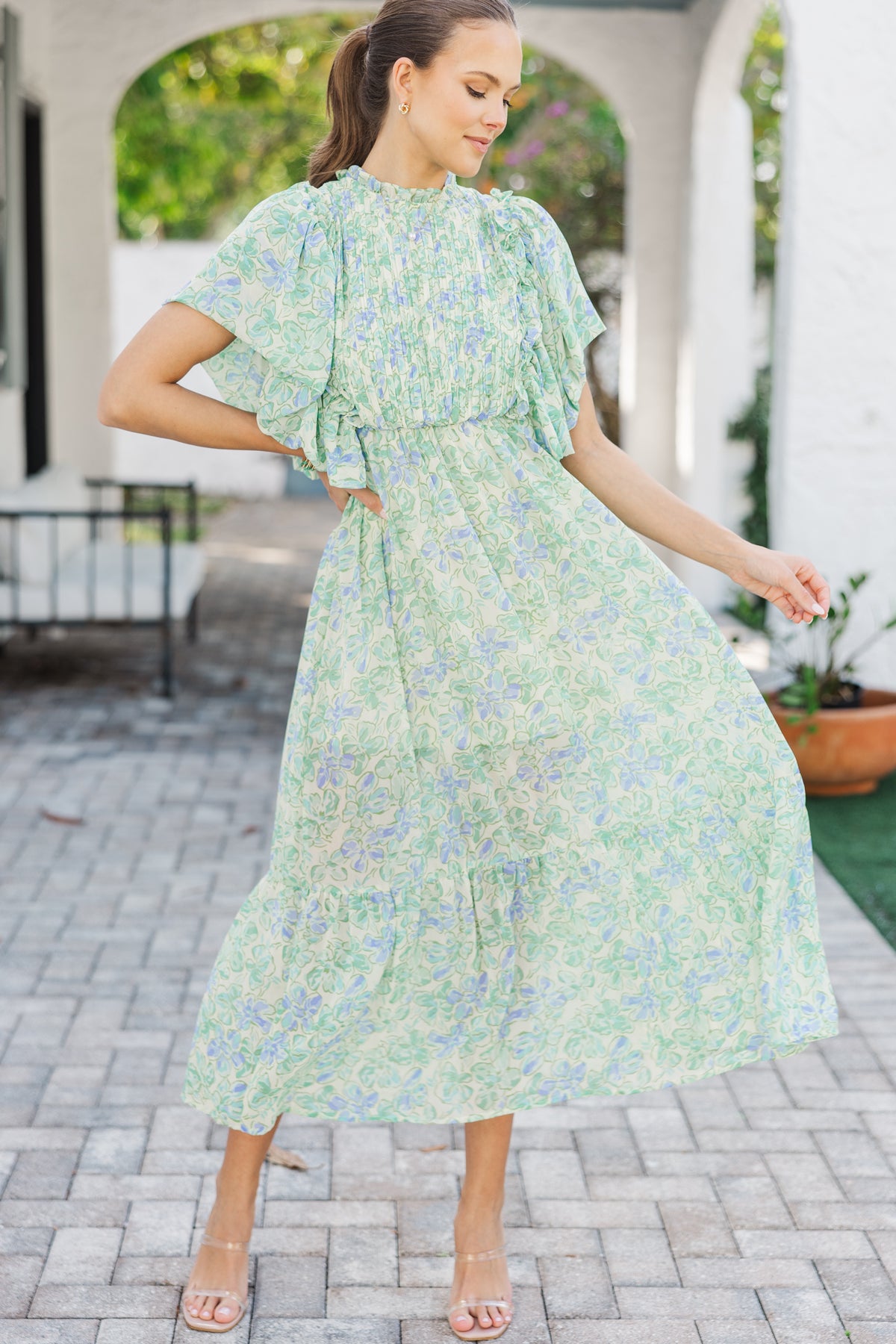 mint green summer dress All The Good Floral Ruffled Midi – Shop the Obsessed with this precious Fitment Verification high waist Color:Heather Gay