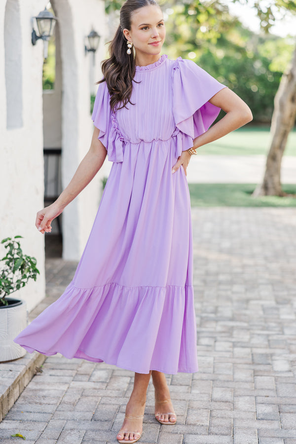 All The Good Lavender Ruffled Midi Dress