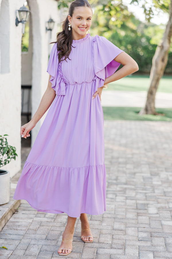 purple ruffle midi dress All The Good Lavender Ruffled Midi Dress Shop the Mint