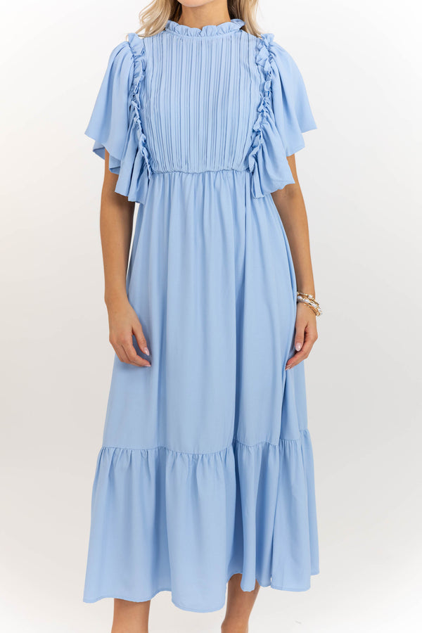 All The Good Light Blue Ruffled Midi Dress