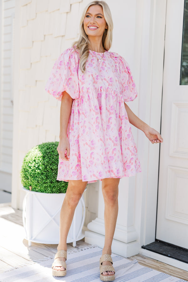 pink floral babydoll dress Pink Floral Puff Sleeve Babydoll Dress