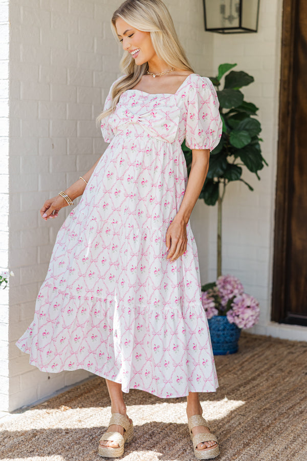 bow midi dress Pointed English Factory feminine touch Oversized puff sleeves with elastic cuffs for a soft Women Bow Belt Midi Dress