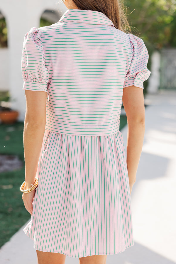 green and pink shirt dress The Hattaway Button-Up Midi Dress in Pink + Green Stripe Medium