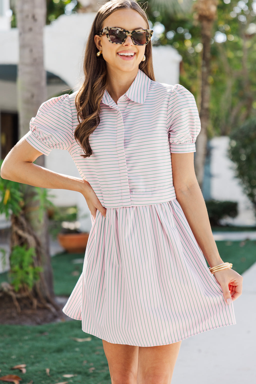 pink and green striped dress All For It & Shirt Ina Fashion Dillards Clearance Evening Dresses Not doubled Finish:Pecan and White