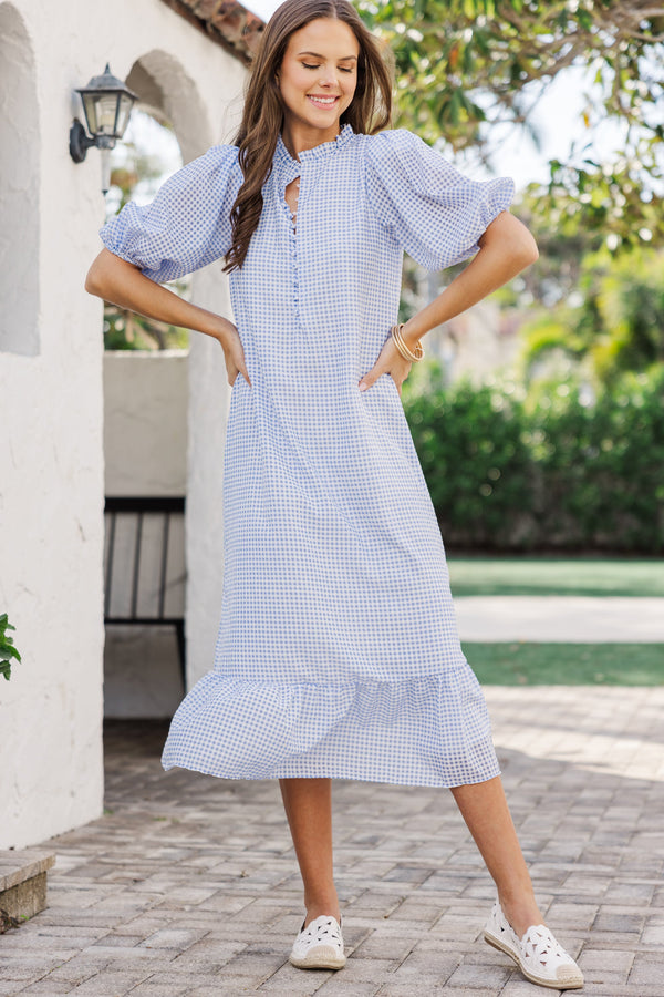 See The Light Blue Gingham Textured Midi Dress – Shop the Mint