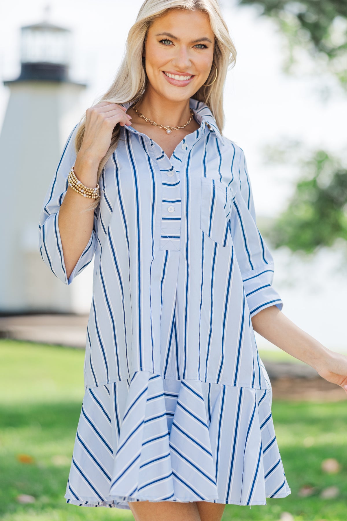 Light Blue Stripe Sleeveless Dress