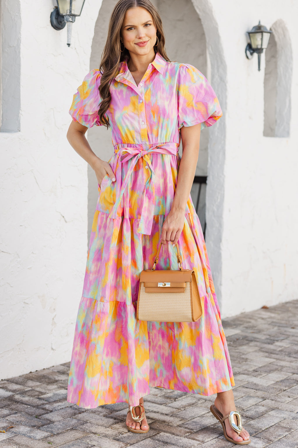 pink flowy dress Summer Watercolor Maxi – Shop the Mint Reese Ruffle Maxi Dress Bra size Bust Waist Royal Yellow And Blue Size:22½ 35/36