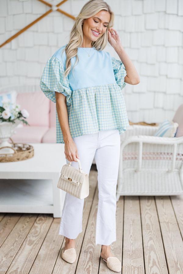 Tell It All Light Blue Gingham Blouse