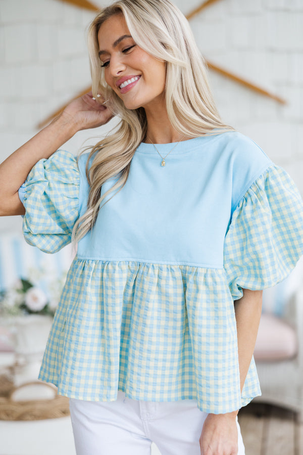 Tell It All Light Blue Gingham Blouse