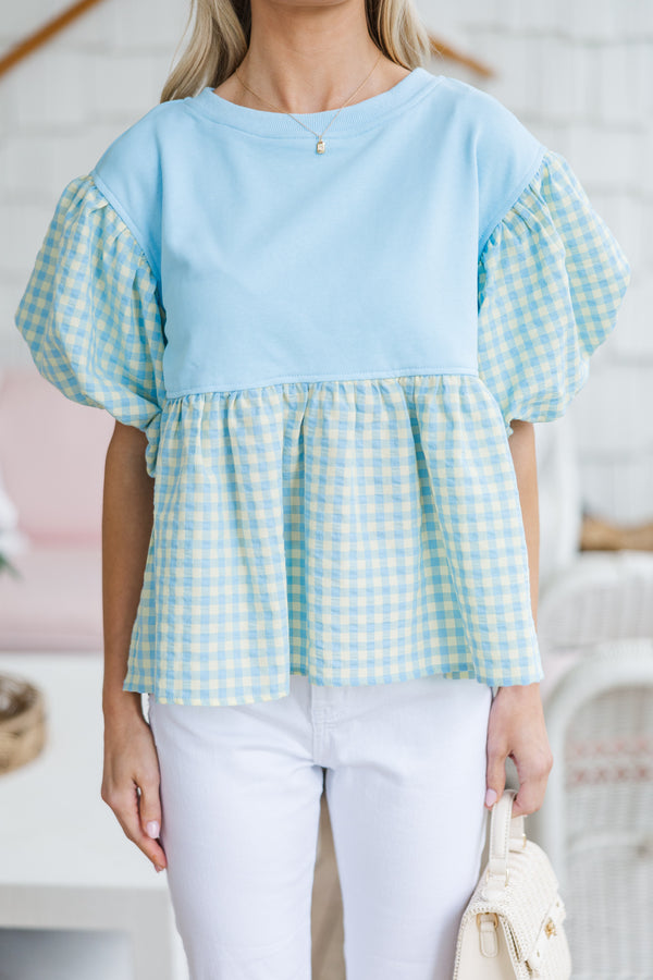 Tell It All Light Blue Gingham Blouse