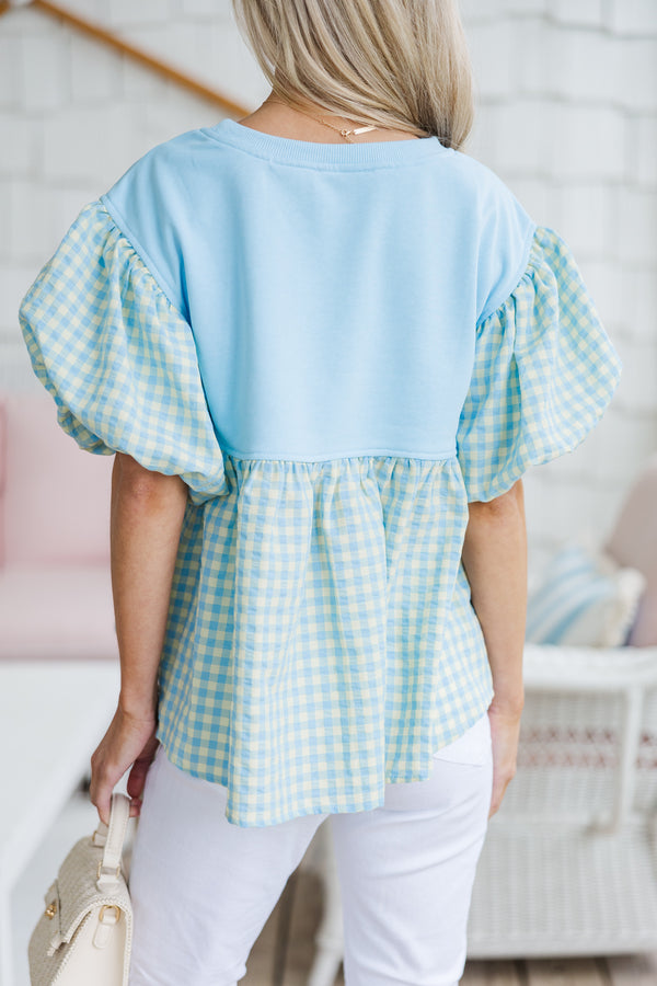 Tell It All Light Blue Gingham Blouse