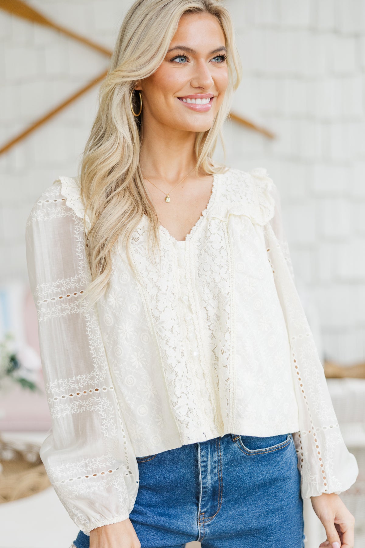 トップス ANNE  ruffle lace silk blouse cream 0400020797449_CREAM?wid=830&