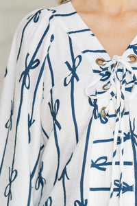 Not Too Late Navy Blue Bow Printed Blouse