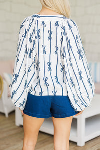 Not Too Late Navy Blue Bow Printed Blouse