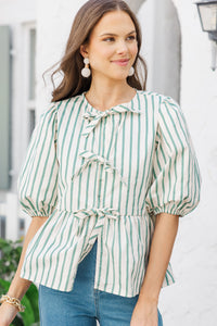 An Inspiration Sage Green Striped Blouse