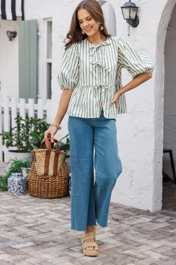 An Inspiration Sage Green Striped Blouse