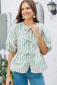 An Inspiration Sage Green Striped Blouse