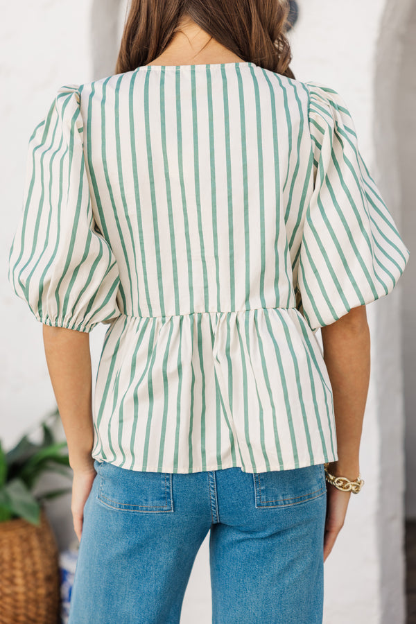 An Inspiration Sage Green Striped Blouse
