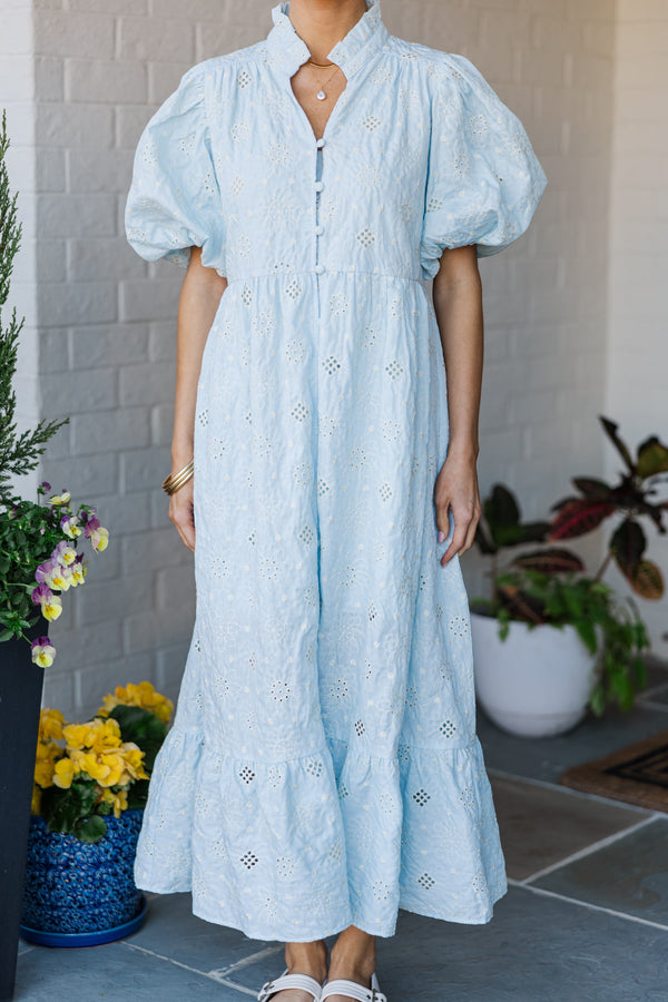 Feminine Find Light Blue Eyelet Midi Dress – Shop the Mint