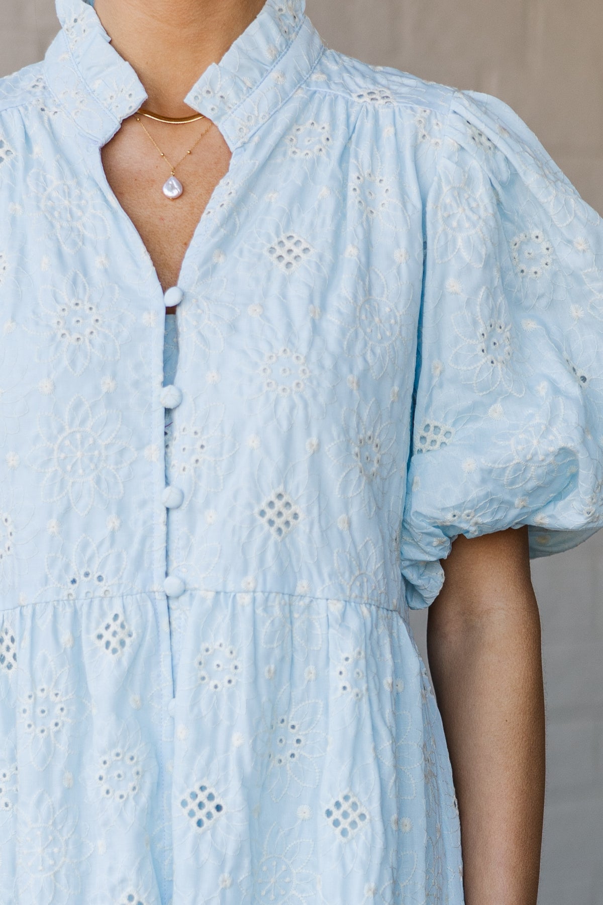 Feminine Find Light Blue Eyelet Midi Dress – Shop the Mint