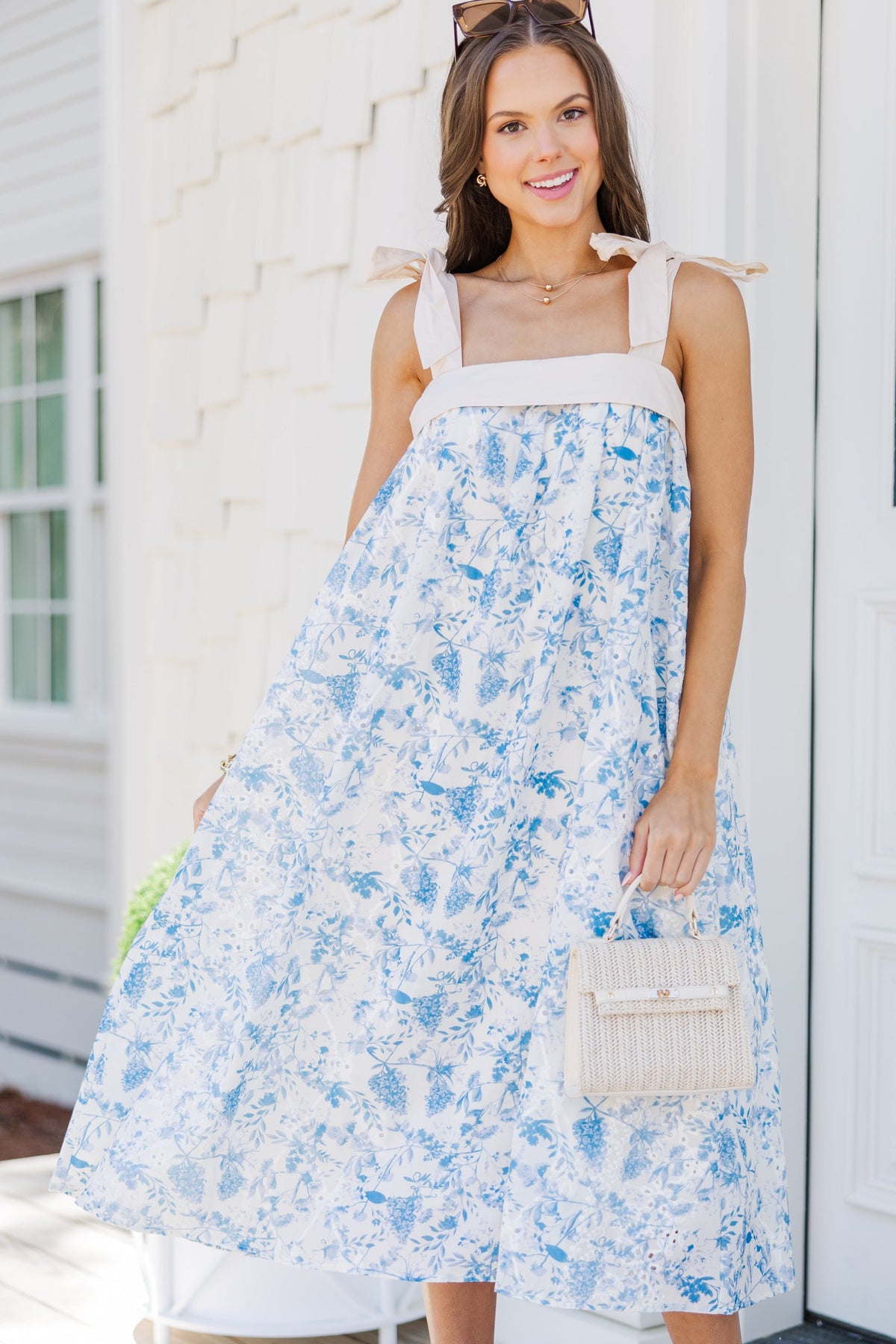 knee length dresses for ladies The Daydreamer Blue Floral Eyelet Midi Dress – Shop the Mint