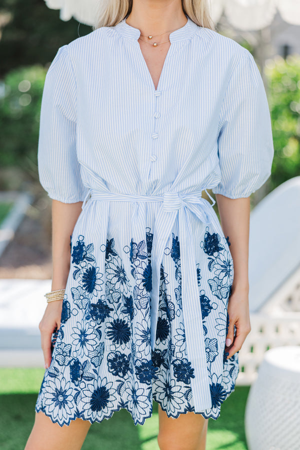 Stripe Light Blue Embroidered Detail Dress