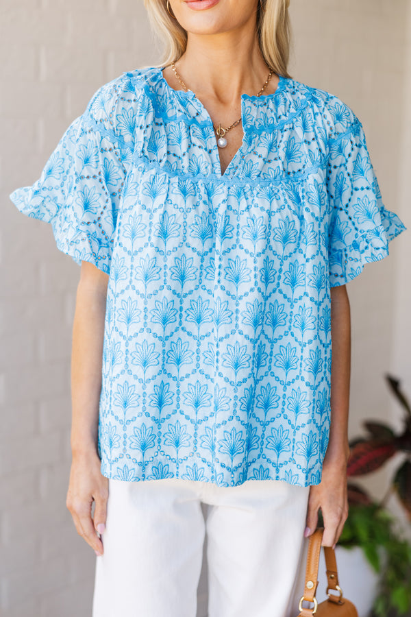 3020321 Blue Striped Eyelet Sleeve Blouse