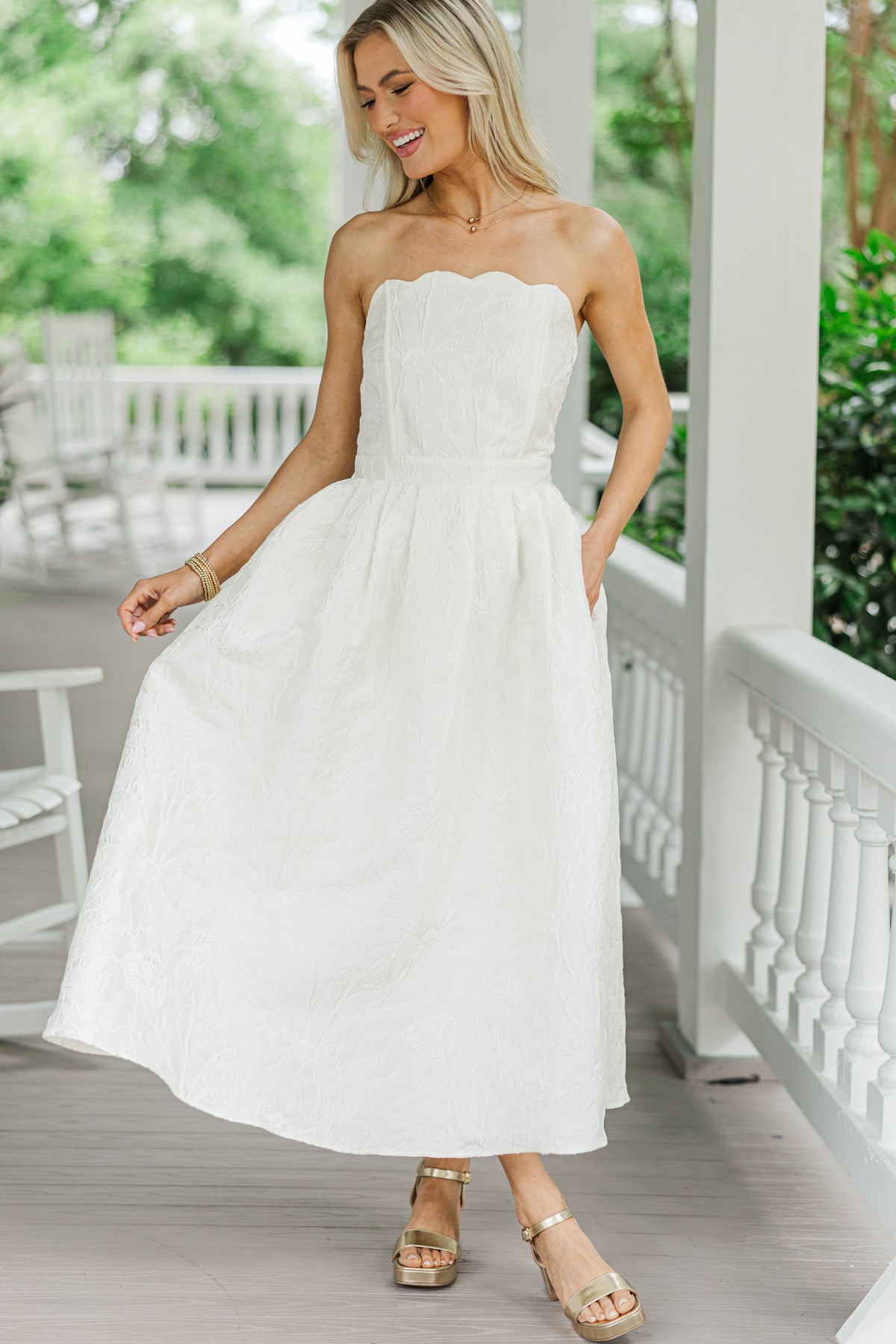 It Was All A Dream White Floral Brocade Strapless Midi Dress – Shop the Mint