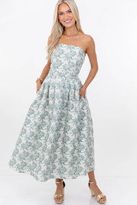 It Was All A Dream Sage Floral Brocade Strapless Midi Dress