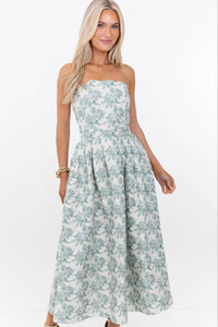 It Was All A Dream Sage Floral Brocade Strapless Midi Dress