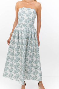 It Was All A Dream Sage Floral Brocade Strapless Midi Dress