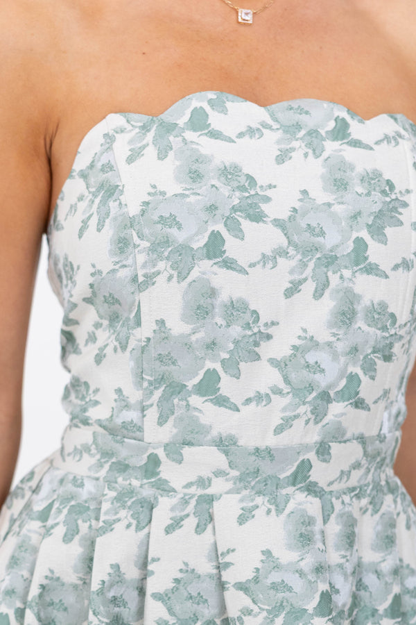 It Was All A Dream Sage Floral Brocade Strapless Midi Dress