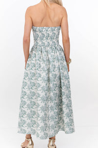 It Was All A Dream Sage Floral Brocade Strapless Midi Dress